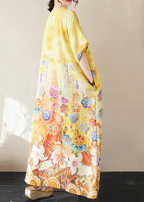 Summer Beach Yellow Classy Print Oversized Dresses Cotton FashionChic