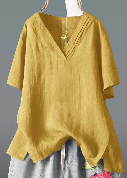 Side Classy Summer V Open Yellow Linen Neck Top Shirt FashionChic