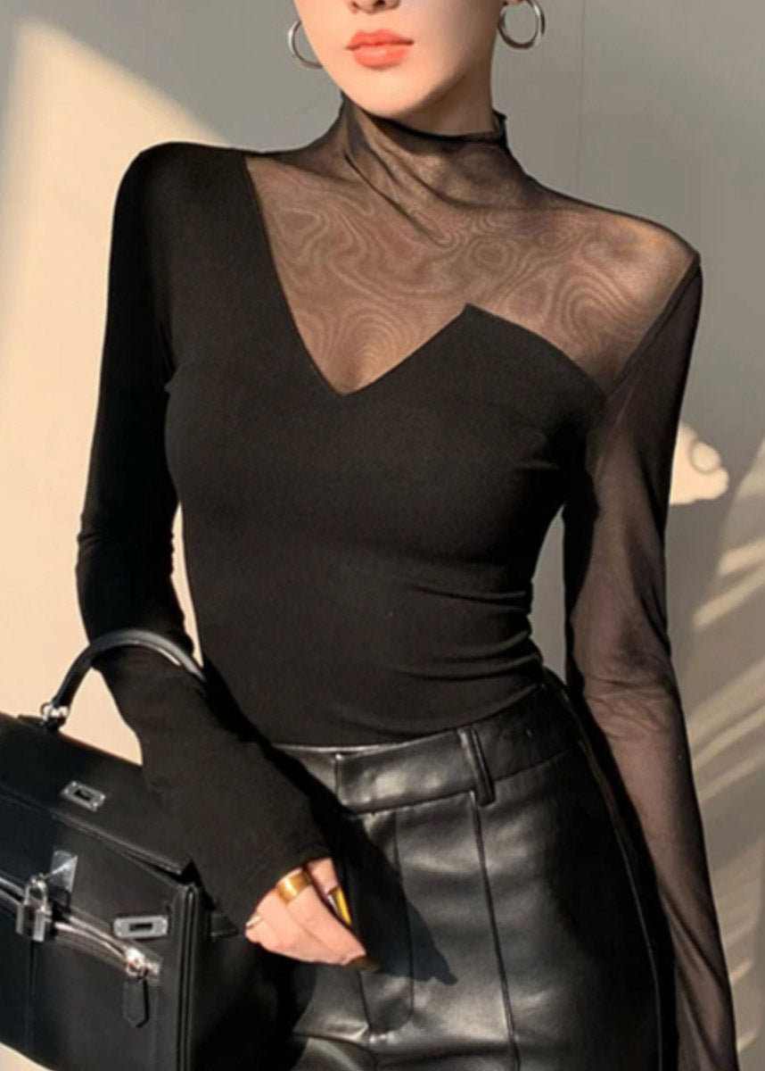 Black Out Club Spring Turtleneck Top Patchwork Hollow Tulle FashionChic