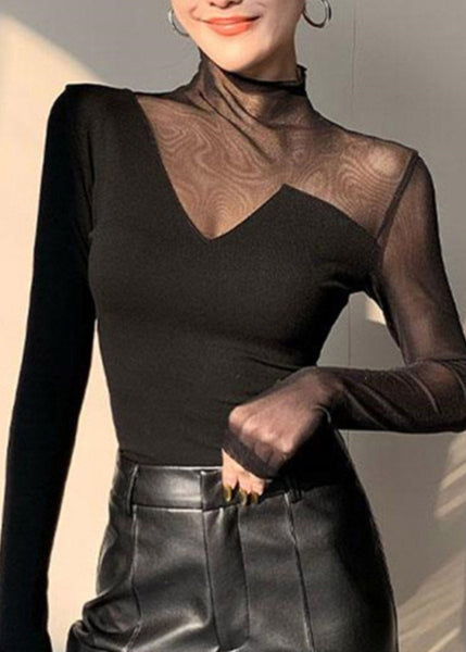Black Out Club Spring Turtleneck Top Patchwork Hollow Tulle FashionChic
