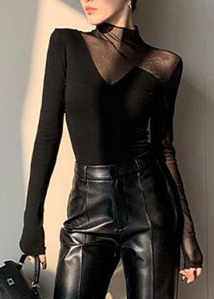 Black Out Club Spring Turtleneck Top Patchwork Hollow Tulle FashionChic