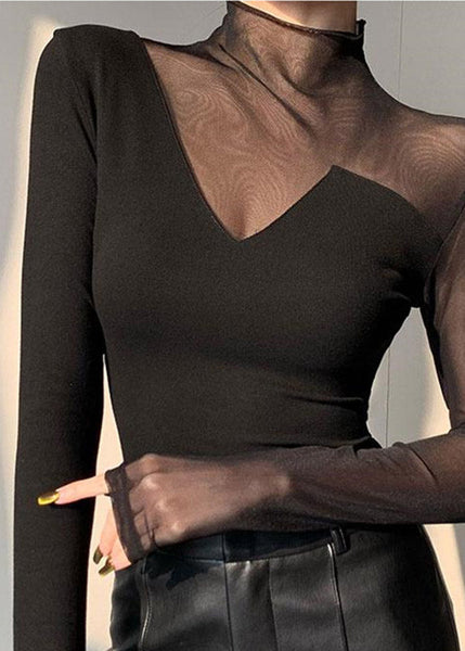 Black Out Club Spring Turtleneck Top Patchwork Hollow Tulle FashionChic