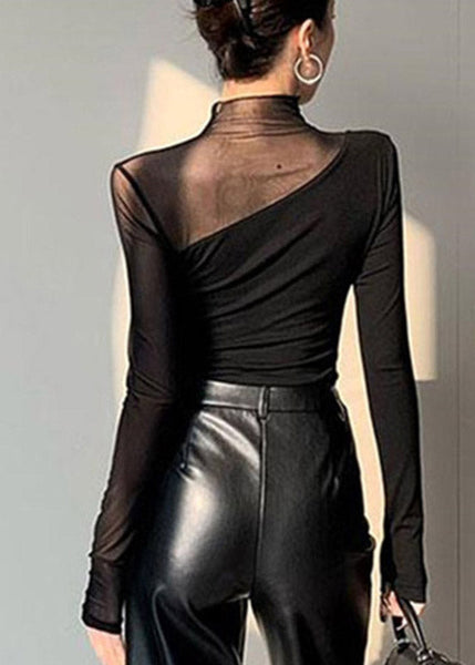 Black Out Club Spring Turtleneck Top Patchwork Hollow Tulle FashionChic