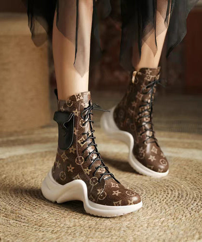 Coffee Boots Platform Cowhide Leather Stylish Splicing Cross Strap WT033 shoe-XZ241030