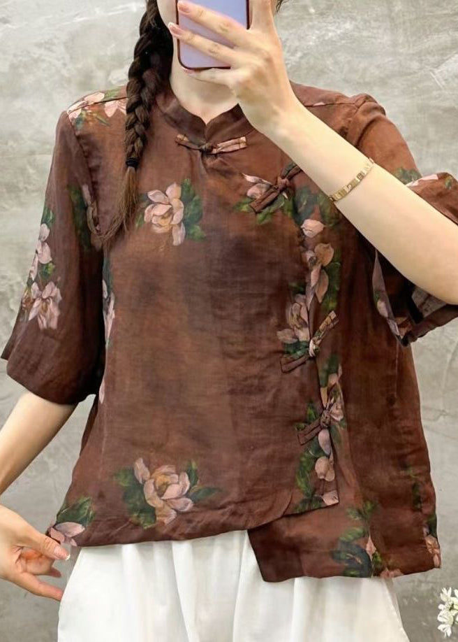 Coffee Button Linen Blouses Stand Collar Half Sleeve VV005 HS-HTP240627