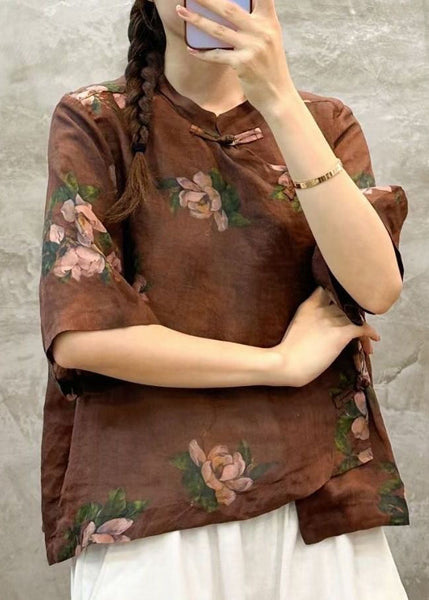 Coffee Button Linen Blouses Stand Collar Half Sleeve VV005 HS-HTP240627