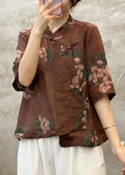 Coffee Button Linen Blouses Stand Collar Half Sleeve VV005 HS-HTP240627