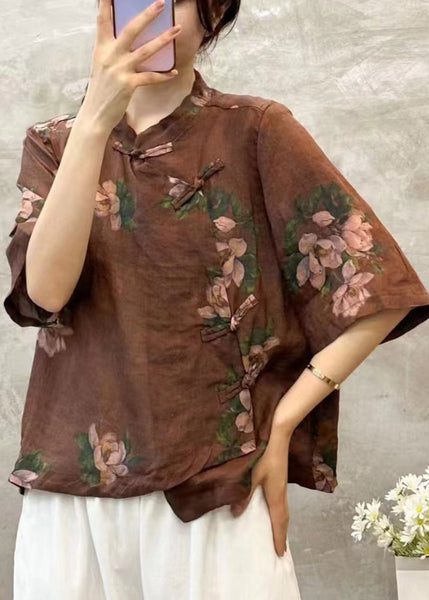 Coffee Button Linen Blouses Stand Collar Half Sleeve VV005 HS-HTP240627