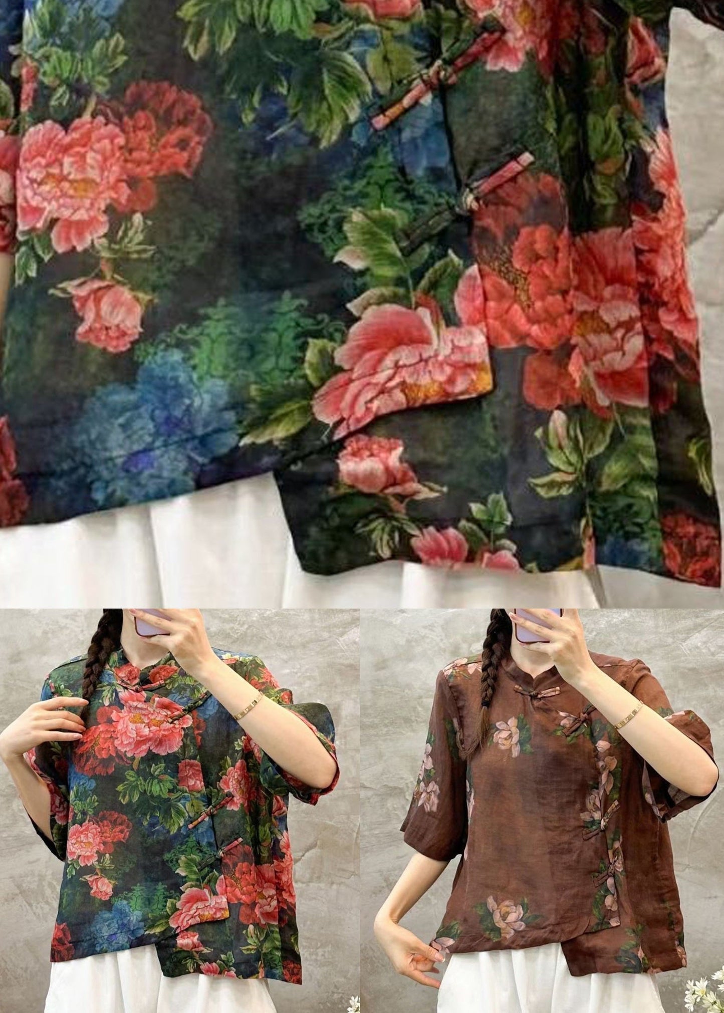 Coffee Button Linen Blouses Stand Collar Half Sleeve VV005 HS-HTP240627