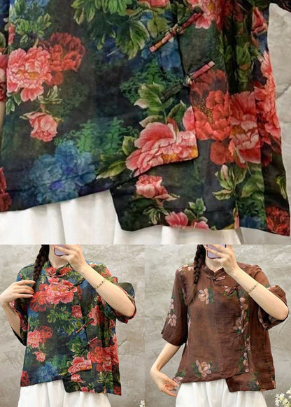 Coffee Button Linen Blouses Stand Collar Half Sleeve VV005 HS-HTP240627