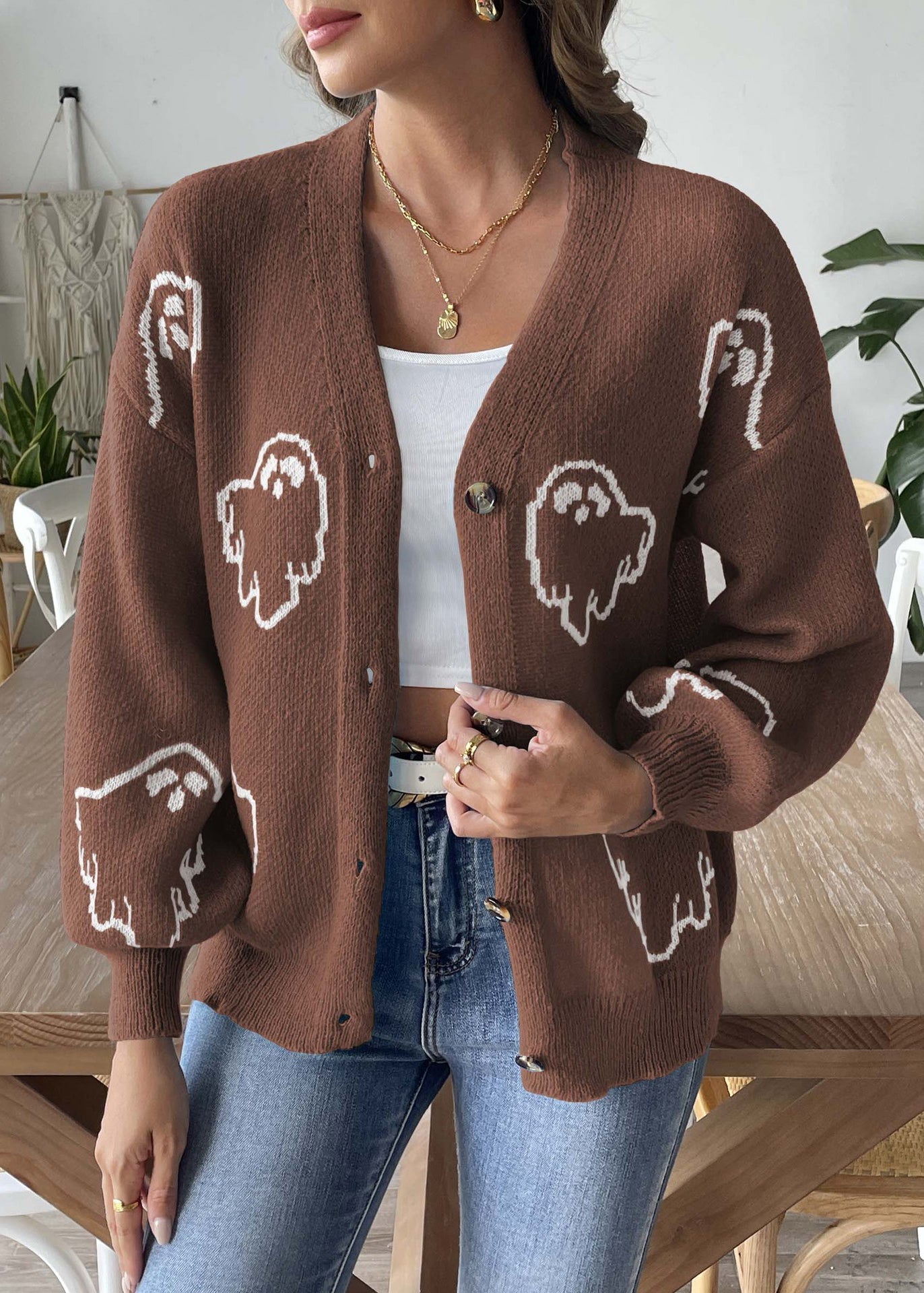 Coffee Button Patchwork Knit Coats Long Sleeve AE1005 OM-HW240901