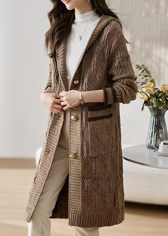 Coffee Button Patchwork Knit Fall Cardigans Hooded QS021 OM-BB241010