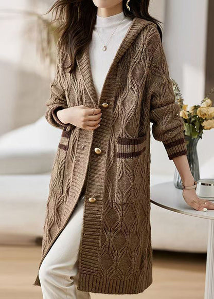 Coffee Button Patchwork Knit Fall Cardigans Hooded QS021 OM-BB241010