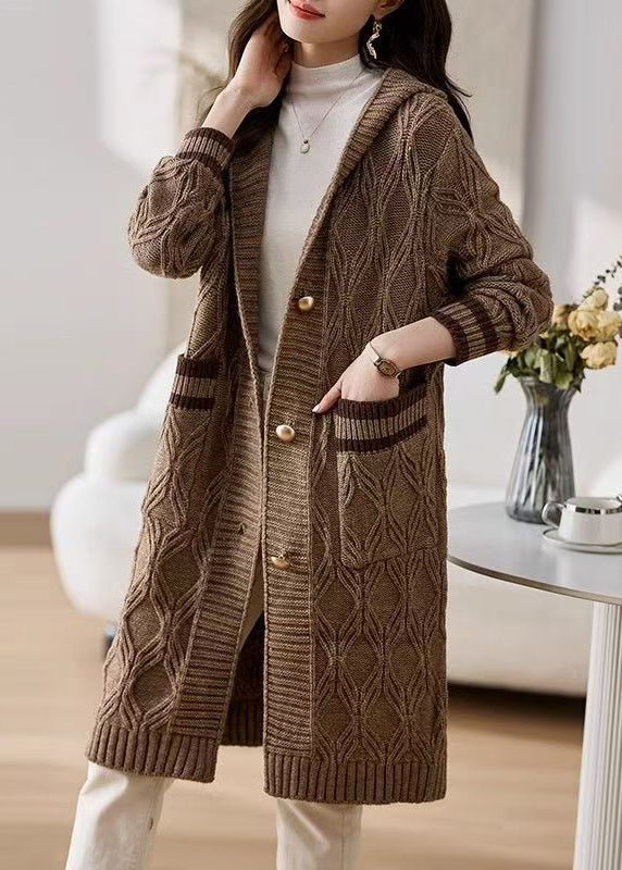 Coffee Button Patchwork Knit Fall Cardigans Hooded QS021 OM-BB241010
