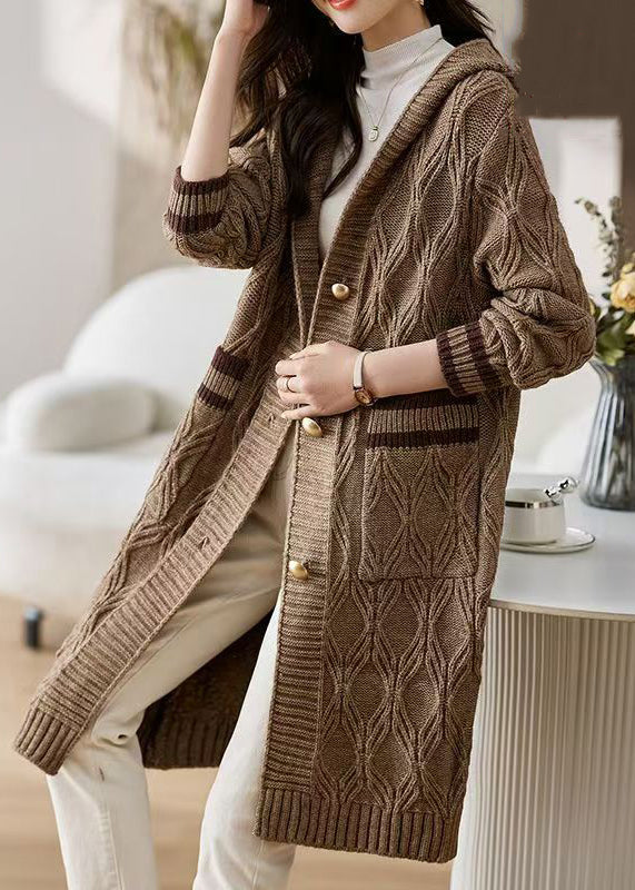 Coffee Button Patchwork Knit Fall Cardigans Hooded QS021 OM-BB241010