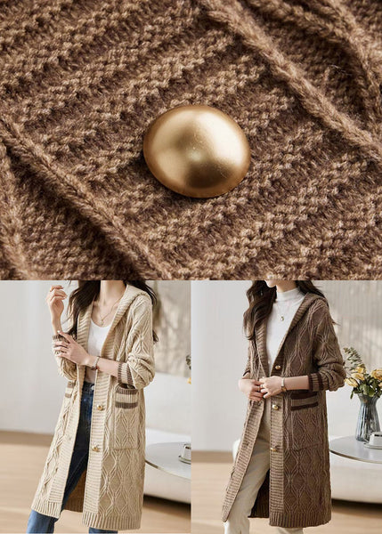 Coffee Button Patchwork Knit Fall Cardigans Hooded QS021 OM-BB241010