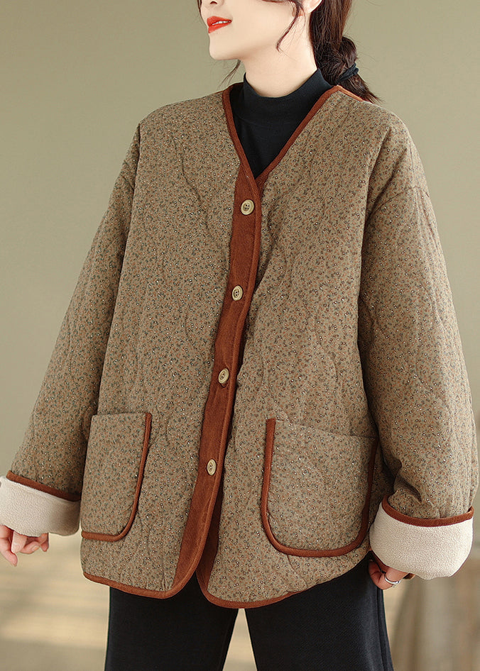 Coffee Button Pockets Warm Fleece Winter Coats V Neck QG037 OM-DJK241016