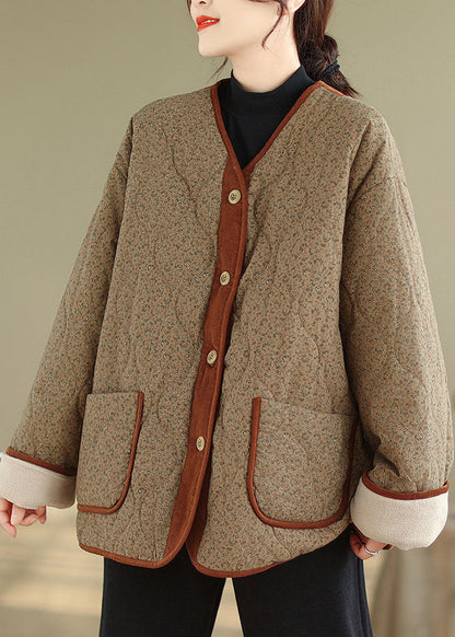 Coffee Button Pockets Warm Fleece Winter Coats V Neck QG037 OM-DJK241016