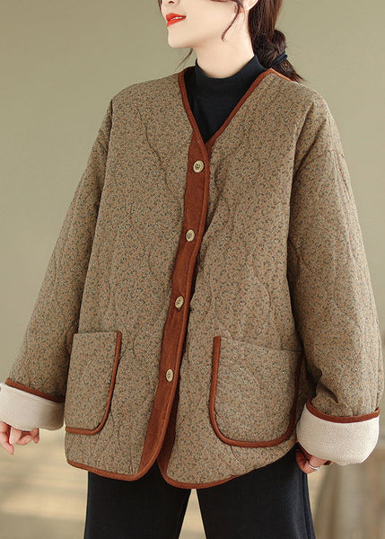 Coffee Button Pockets Warm Fleece Winter Coats V Neck QG037 OM-DJK241016