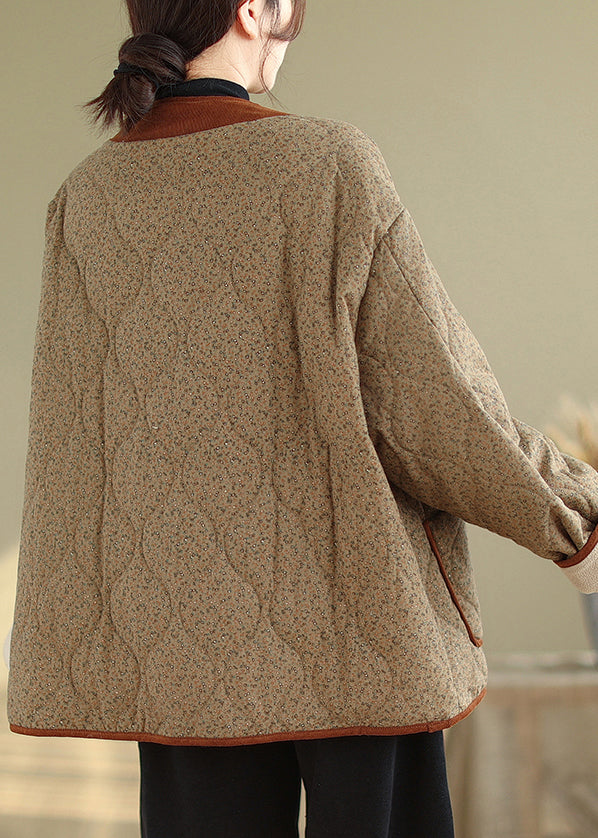 Coffee Button Pockets Warm Fleece Winter Coats V Neck QG037 OM-DJK241016