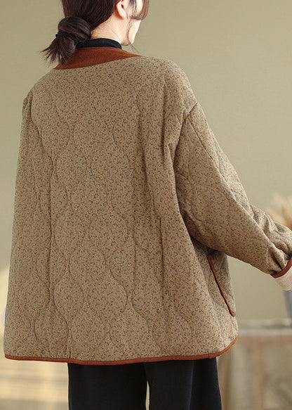 Coffee Button Pockets Warm Fleece Winter Coats V Neck QG037 OM-DJK241016