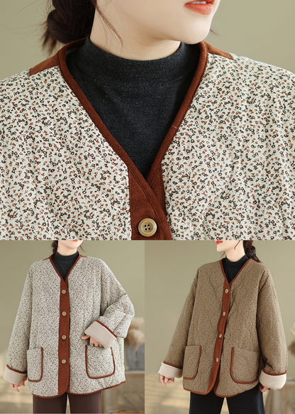 Coffee Button Pockets Warm Fleece Winter Coats V Neck QG037 OM-DJK241016