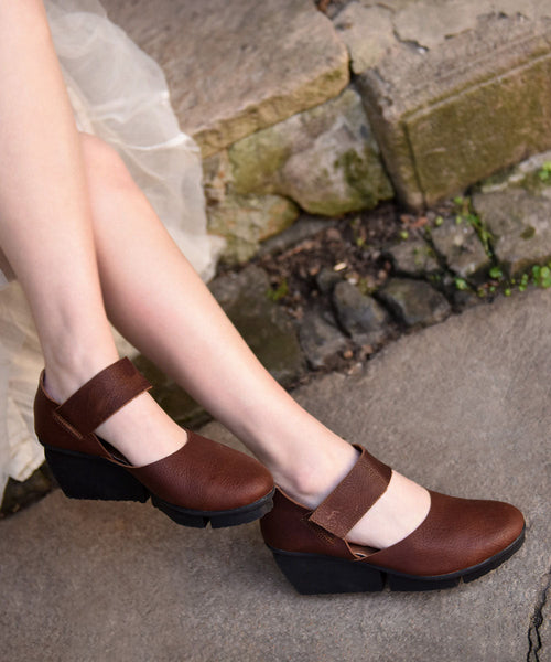 Coffee Heels Strap Buckle Splicing Sandals Leather Cowhide Wedge FashionChic