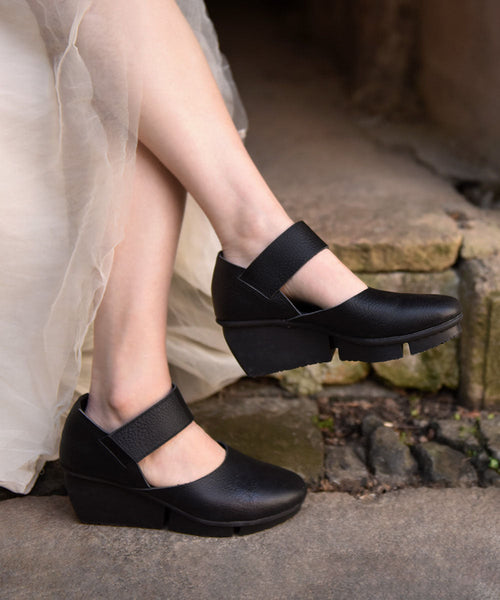 Coffee Heels Strap Buckle Splicing Sandals Leather Cowhide Wedge FashionChic