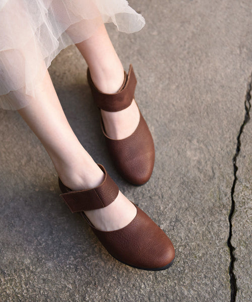 Coffee Heels Strap Buckle Splicing Sandals Leather Cowhide Wedge FashionChic