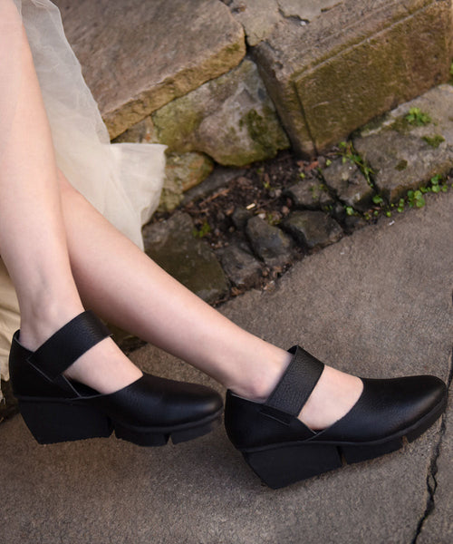 Coffee Heels Strap Buckle Splicing Sandals Leather Cowhide Wedge FashionChic