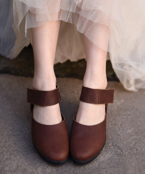 Coffee Heels Strap Buckle Splicing Sandals Leather Cowhide Wedge FashionChic