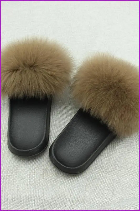 Coffee Dark Pink Fox Full-Pelt Fur Sliders DF003