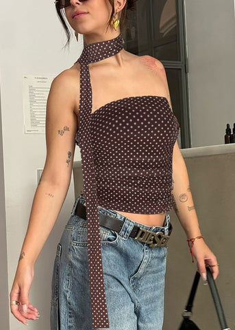 Strapless Cotton Dot Tank Coffee Sleeveless FashionChic
