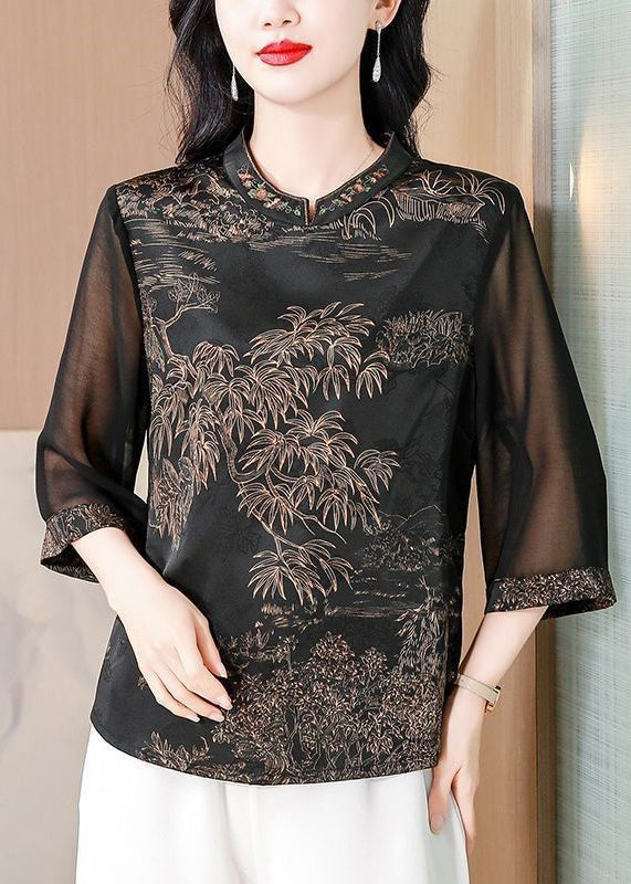 Coffee Embroidered Print Silk Shirt Stand Collar Summer OP1058 Ada Fashion