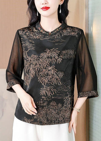 Coffee Embroidered Print Silk Shirt Stand Collar Summer OP1058 Ada Fashion