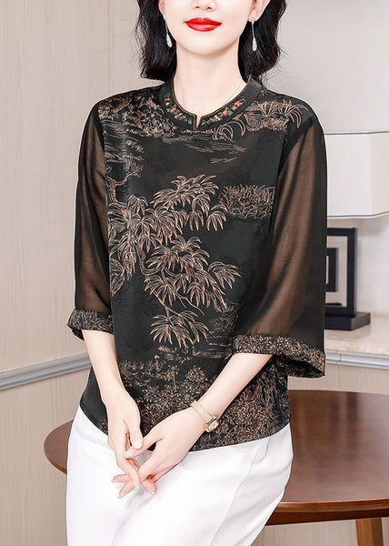 Coffee Embroidered Print Silk Shirt Stand Collar Summer OP1058 Ada Fashion