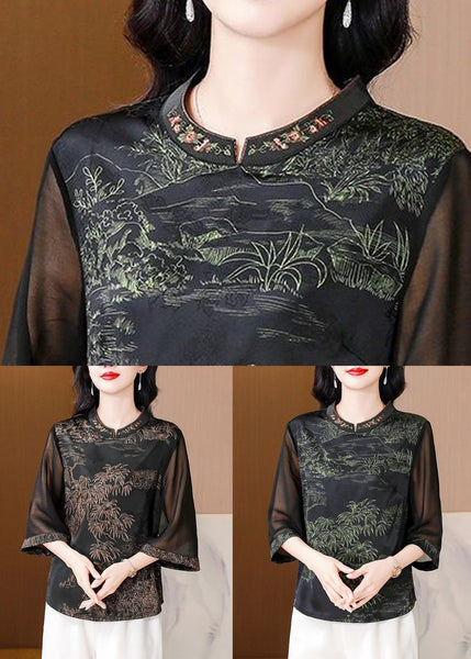Coffee Embroidered Print Silk Shirt Stand Collar Summer OP1058 Ada Fashion