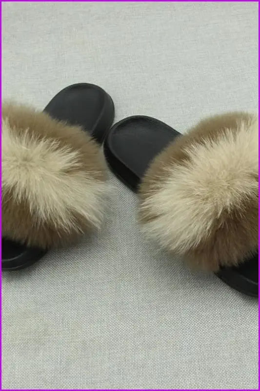 Coffee Khaki Fox Full-Pelt Fur Sliders DF003