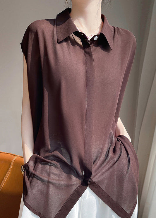 Up Coffee Chiffon Solid Lace Collar Peter Pan Blouses FashionChic