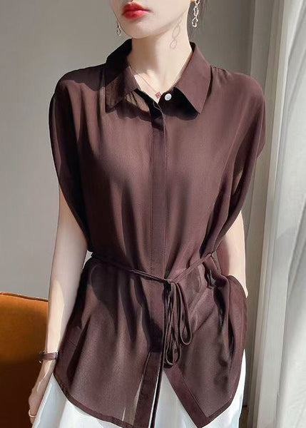 Up Coffee Chiffon Solid Lace Collar Peter Pan Blouses FashionChic