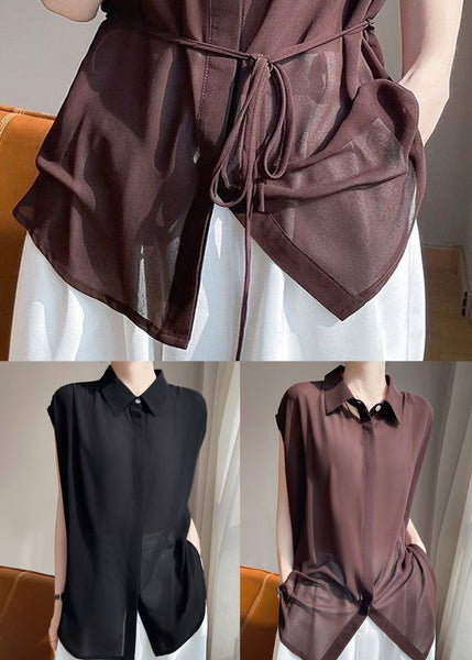 Up Coffee Chiffon Solid Lace Collar Peter Pan Blouses FashionChic