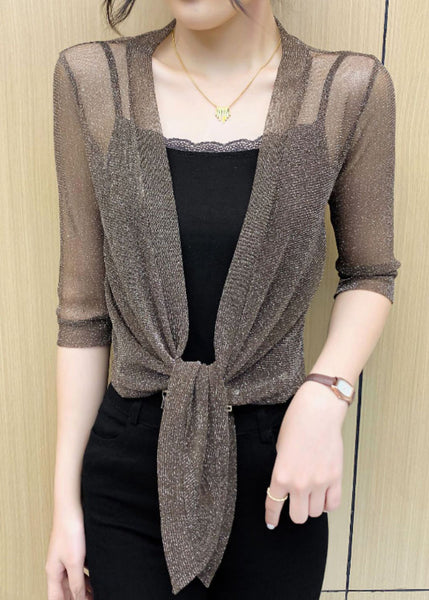 Coffee Lace Up Tulle Cardigan V Neck Half Sleeve Ada Fashion