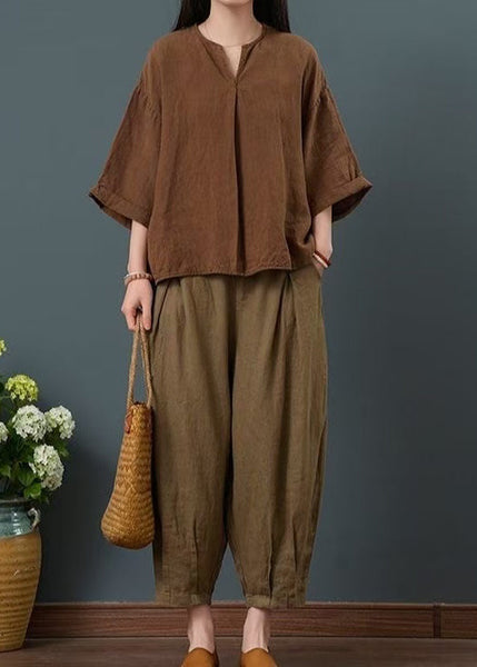 Linen Two Piece Bracelet Sleeve Suit Coffee Oversized Set FashionChic