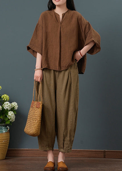 Linen Two Piece Bracelet Sleeve Suit Coffee Oversized Set FashionChic
