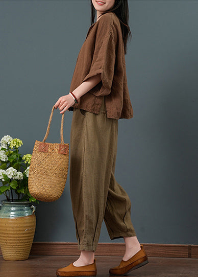 Linen Two Piece Bracelet Sleeve Suit Coffee Oversized Set FashionChic
