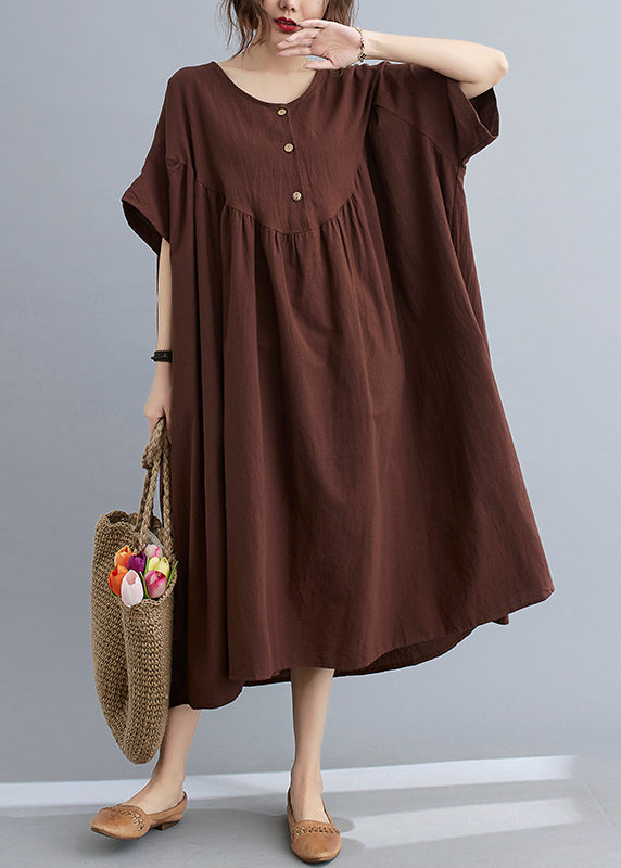 Coffee O-Neck Wrinkled Maxi Dresses Summer GH1049 Ada Fashion