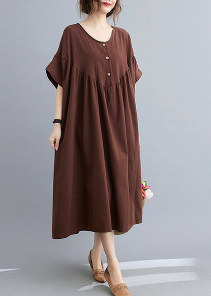 Coffee O-Neck Wrinkled Maxi Dresses Summer GH1049 Ada Fashion