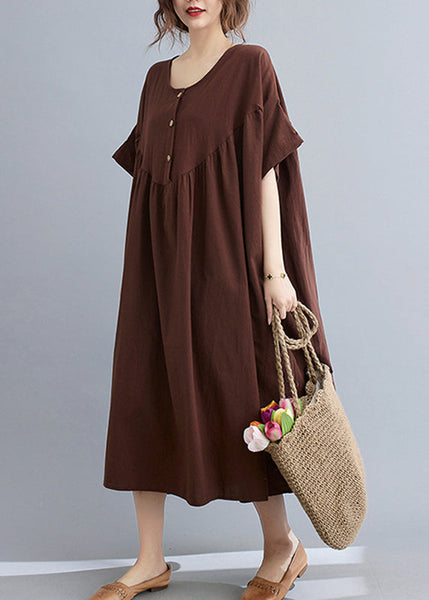 Coffee O-Neck Wrinkled Maxi Dresses Summer GH1049 Ada Fashion