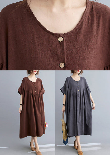 Coffee O-Neck Wrinkled Maxi Dresses Summer GH1049 Ada Fashion