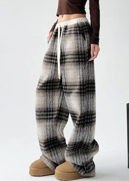 Coffee Patchwork Drawstring Woolen Straight Pants TA044